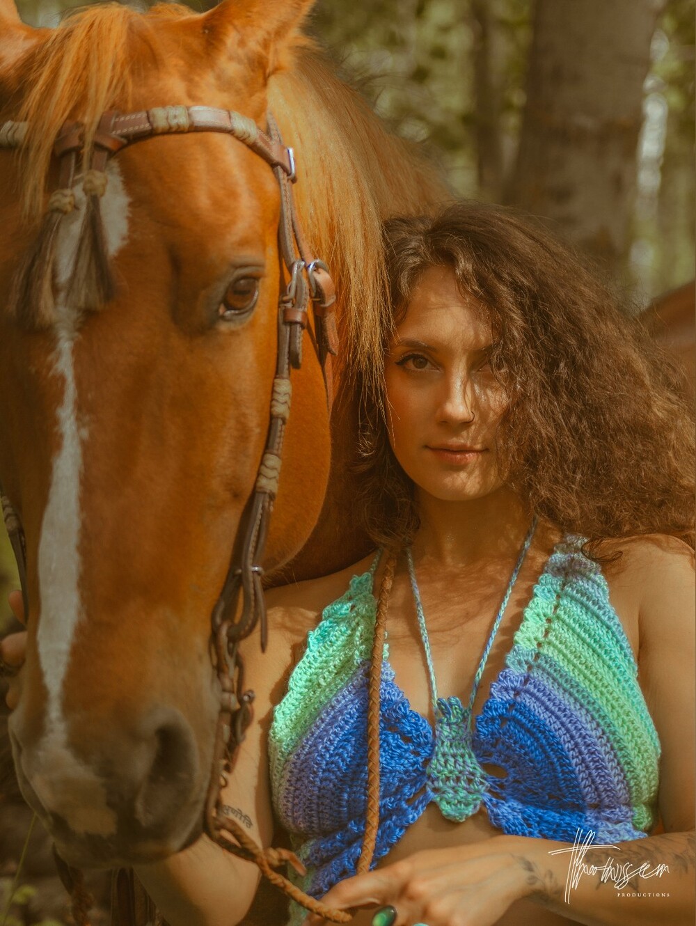 Handmade Gradient Crochet Butterfly Halter Crop Top — Blue & Green
